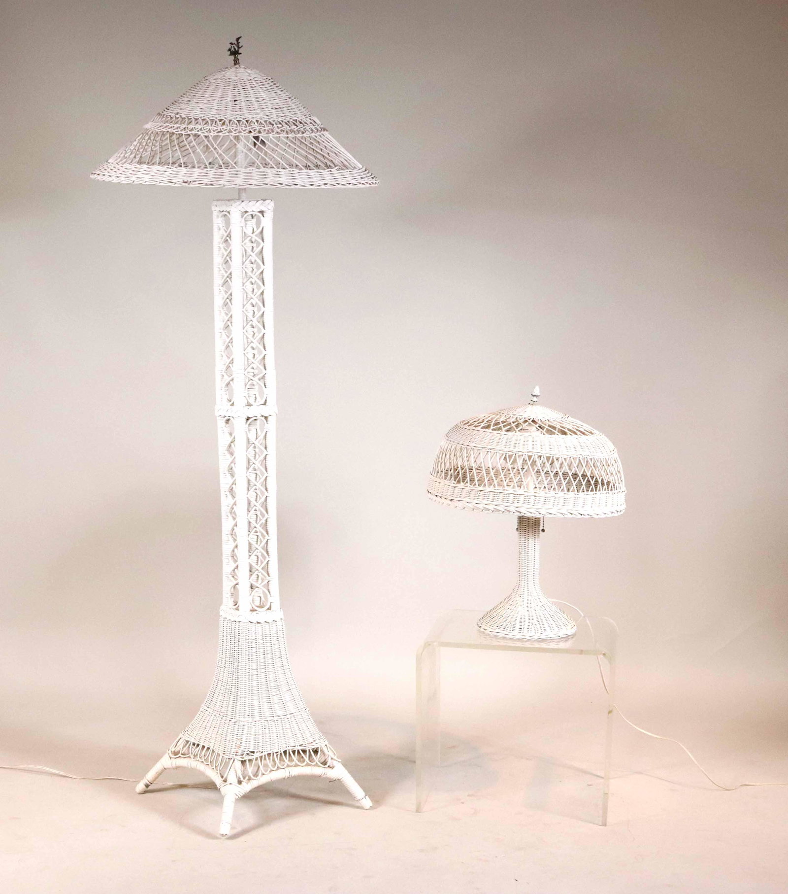 Tall White Painted Wicker Floor Lamp: Tall White Painted Wicker Floor Lamp, together with a white wicker table lamp Wear