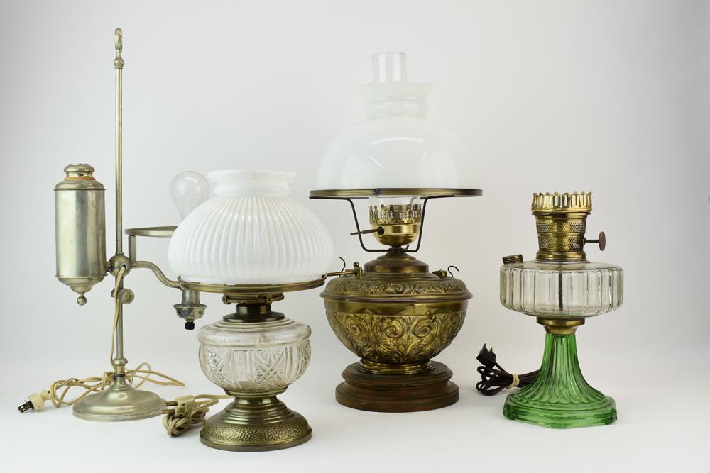 Bradley & Hubbard Antique Brass Fluid Lamp: Bradley & Hubbard Antique Brass Fluid Lamp Lot 12-3/8”h at rim shade or 18”h at tip of white glass shade. Marked â€œB & H” â€œAugust 30 1892” and â€œApril 23 1895.&