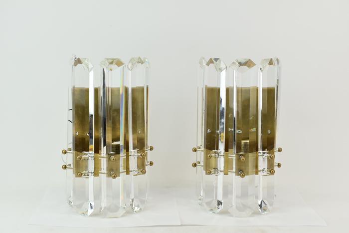 Pair Modern Brass and Glass Prism Sconces: Pair Modern Brass and Glass Prism Sconces Used condition, wear/worn Sconce each 7-1/4"h x 7"w x 5"d Nine prisms, each 12"h x 2-1/8"w x 1"d