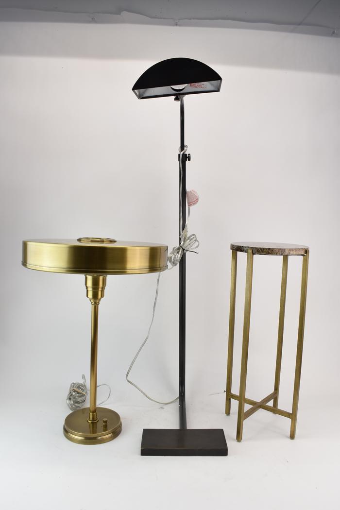 Two Modern Form Lamps with Plant Stand: Two Modern Form Lamps with Plant Stand (or small table) having granite circular top Desk lamp with circular shade: 21-3/4"h x 15-1/2"w Other: 53-1/2"h x 9-1/2"w x 13-1/2"d Plant stand table: 21-1/4"h
