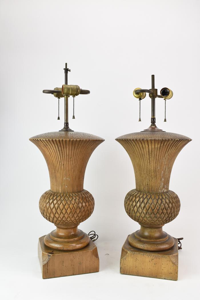 Two Vintage Wooden Carved Table Lamps: Two Vintage Wooden Carved Table Lamps Used condition, wear, worn, chips, surface distress, unknown working condition, each having different double bulb clusters and hardware Appx. 18-1/2"h to top of w