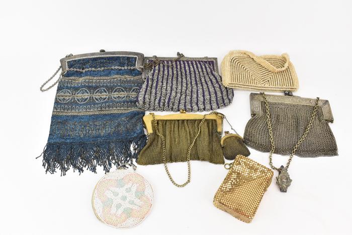 Group Vintage Beaded & Steel Mesh Purses: Group Vintage Beaded & Steel Mesh Purses, the two mesh examples (one gold wash) marked German Silver, the blue and metallic bead with fringe example marked Made in France, a purple example with metall