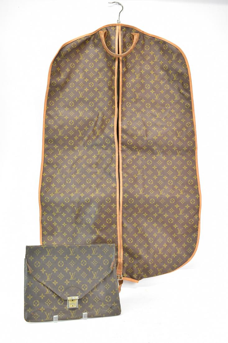 Louis Vuitton Garment Bag: Louis Vuitton Garment Bag, together with a small faux LV sleeve bag Used condition, wear, worn, surface distress.
