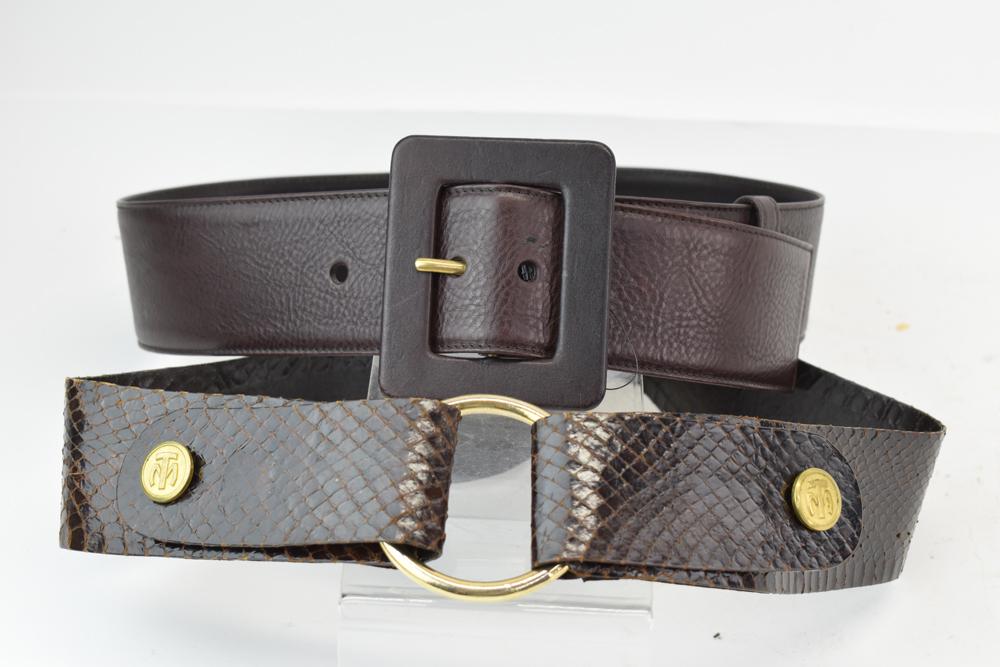 Vintage Yves Saint Laurent Belt: Vintage Yves Saint Laurent Belt made of brown leather with leather covered gold-tone metal backed rectangular buckle, having retail tag attached, together with a brown snake skin fashion belt Yves Sai
