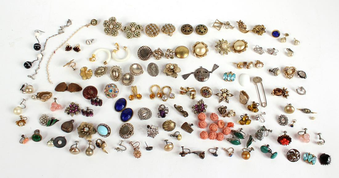 Vintage Earrings and Buttons: Including loose faux gem, glass, faux pearls and beads. Also including a broken necklace. Dozens of singleton earrings and a few pairs of costume jewelry earrings