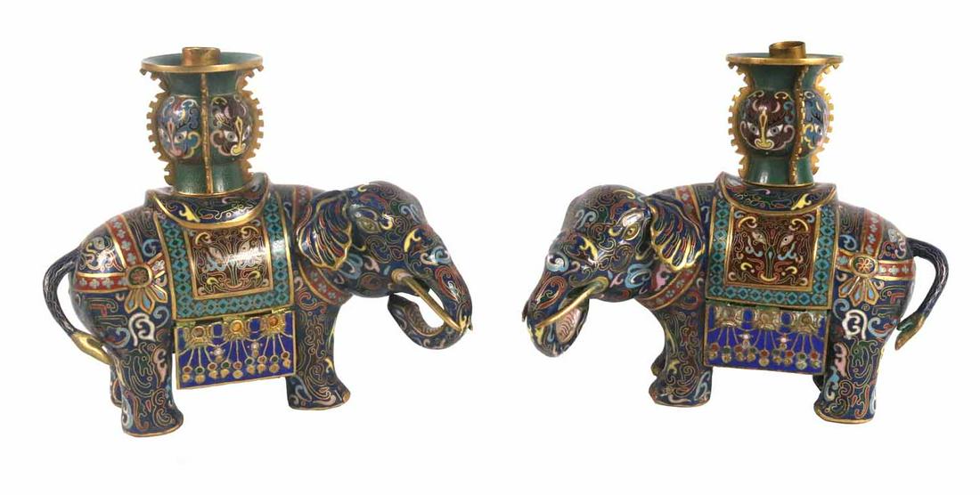 Pair of Chinese Cloisonne Elephant Candlesticks: 19th/20th C. Each 12"h x 10"w x 4"d