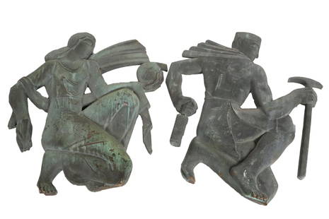 Pair of Art Deco Patinated Bronze Plaques: Early 20th C., in the manner of Lee Oscar Lawrie (American, 1877-1963) or John Bradley Storrs, (American, 1885-1956), one of a male figure holding a hammer and chisel and the other of a female figure