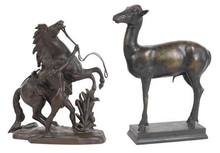 Guillaume Coustou, Marley Horse, Bronze Figure: (French, 1677-1746) after "Chevaux de Marley", together with a bronze figure of a young antelope, after Fritz Behn. 7-1/2"h x 7"w x 3"d and 8-3/4"h x 6-3/4"w x 3"d