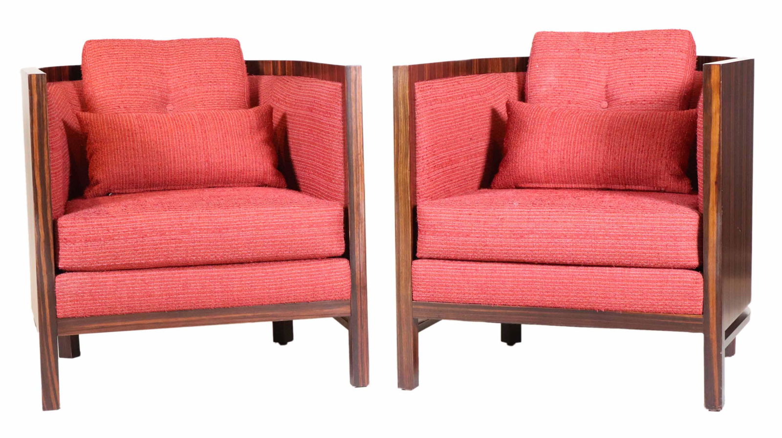 Pair of Art Deco Style Zebrawood Club Chairs: With red upholstery. Nicks and wear. 30"h x 30"w x 31"d