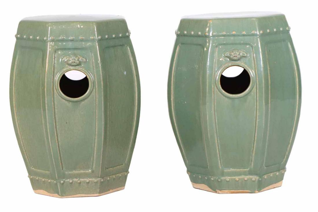 Pair of Celadon Glazed Ceramic Garden Seats (1 of 9)