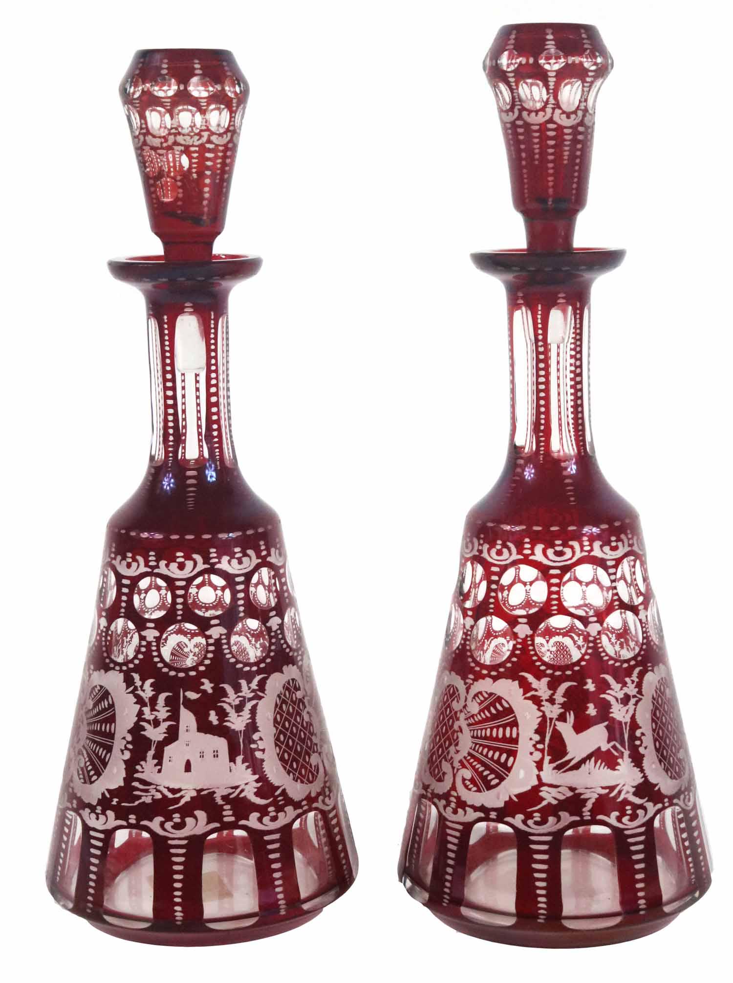 Pair of Ruby Cut to Clear Glass Decanters (1 of 7)