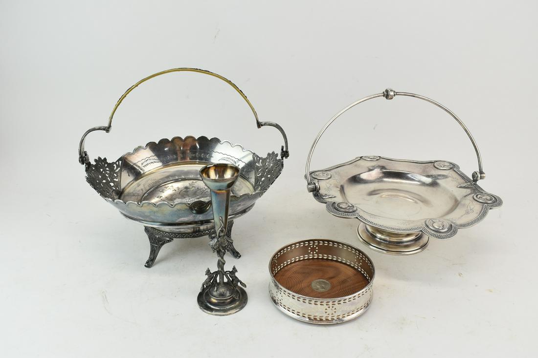 Group of Assorted Silver-Plated Table Articles: Group of Assorted Silver-Plated Table Articles. Including Hall and Elton Basket, Wilcox Basket, Meriden Fox bud vase and a Steiff Wine coaster. Used condition, wear, worn, bent and dents.