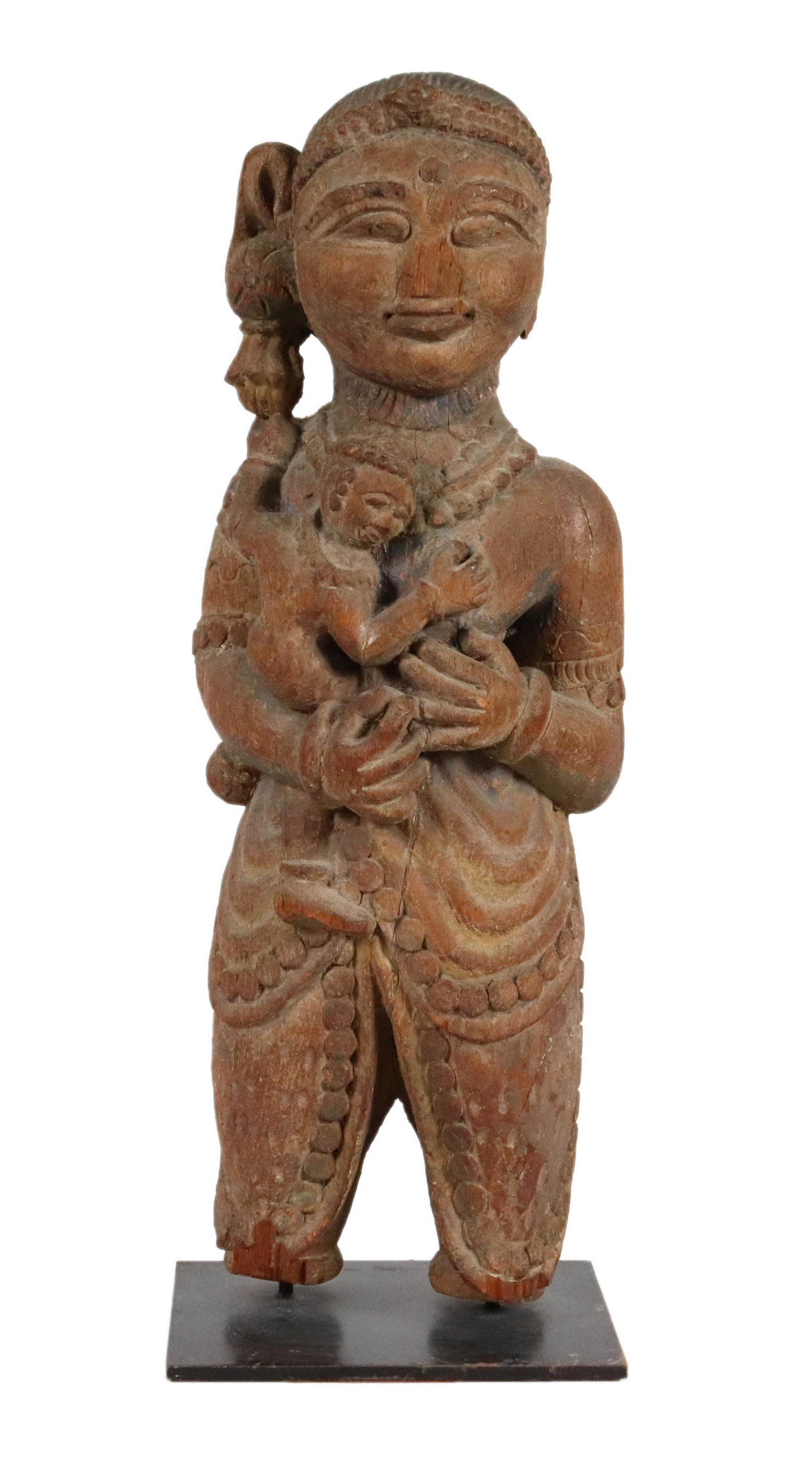 Carved Wood Figure of Mother and Child: Carved Wood Figure of Mother and Child, Southeast Asian, 19th/20th C., fitted on a later base Some losses Overall: 21-3/4"h x 7-3/4"w x 6"d