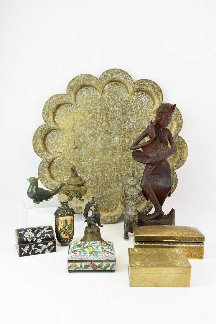 Group of Asian Table Articles: Group of Asian Table Articles, including, boxes, figures, bell, snuff bottle, brass tray, wood figure, and jade bird. Wear, losses, surface distress. Tray size 17" dia