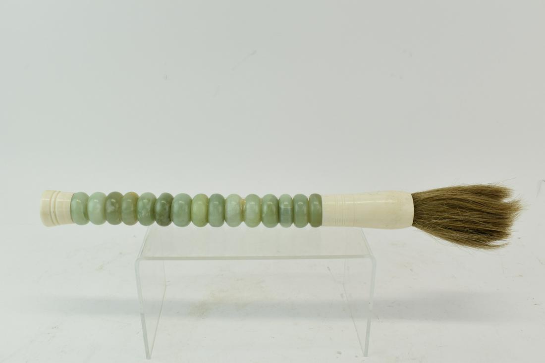 Large Calligraphy Brush with Jade Bead Handle: Large Calligraphy Brush with Jade Bead Handle in used condition, having general surface wear and small crack at top of connector which holds brush. 14-1/2"l