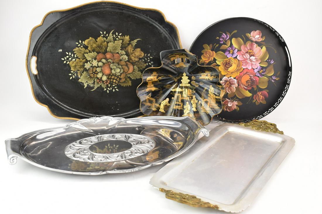 Chinese Lacquered & Gilt Shell Form Tray: Chinese Lacquered & Gilt Shell Form Tray with broken handle, together with two tole painted floral trays, a "Beaumet" tray, and a "Oversized Tray" by Lenox. Five trays altogether. All in used conditio