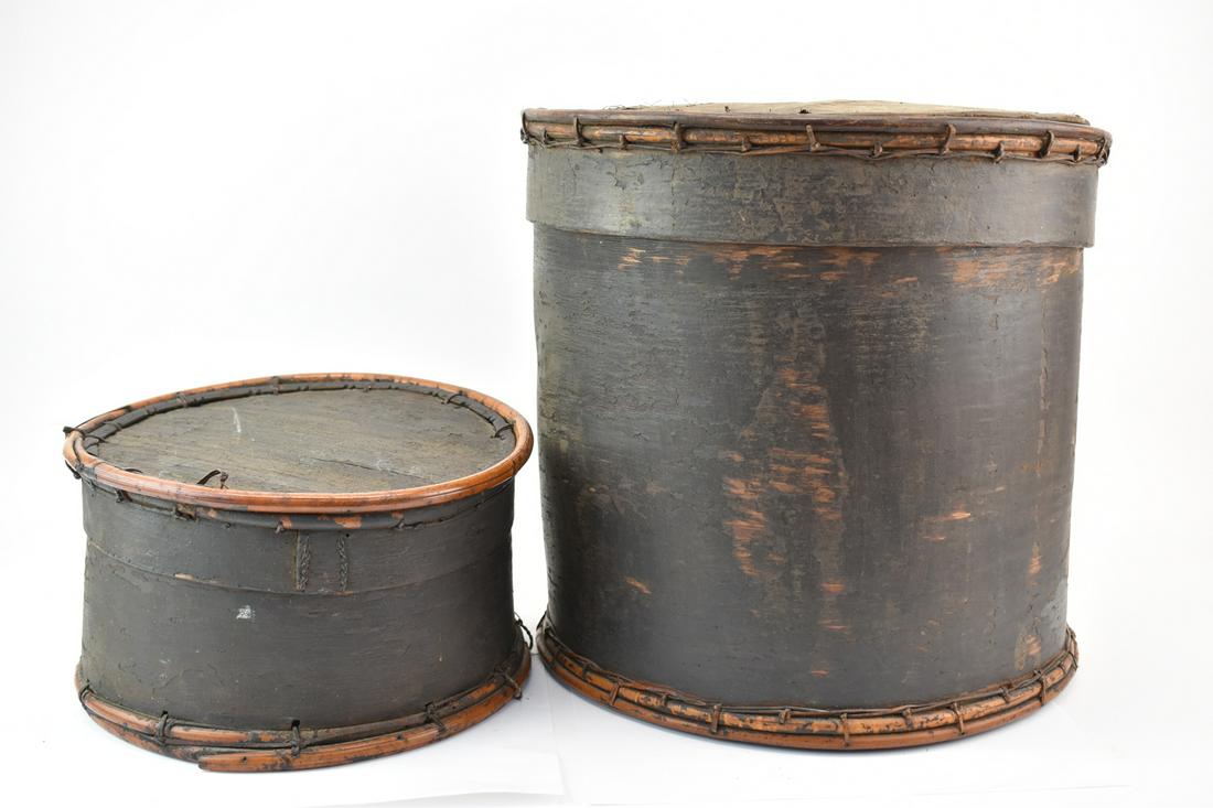 Two Asian Bark and Bamboo Storage Containers: Two Asian Bark and Bamboo Storage Containers. Used condition, one lid lifting. largest 12" tall x 13 1/2" diameter.