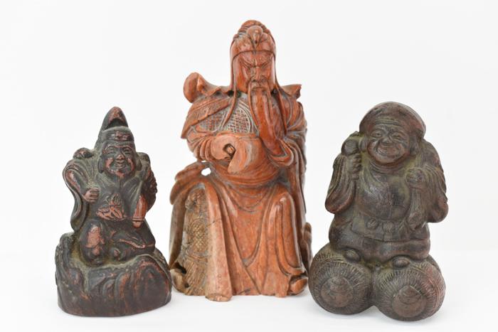 Three Assorted Asian Carved Figural Sculptures: Three Assorted Asian Carved Figural Sculptures including one hard stone figure and two pottery art sculptures Used condition, wear, worn, chip to stone carving Stone carving: appx. 4-1/2"h x 2-3/4"w x
