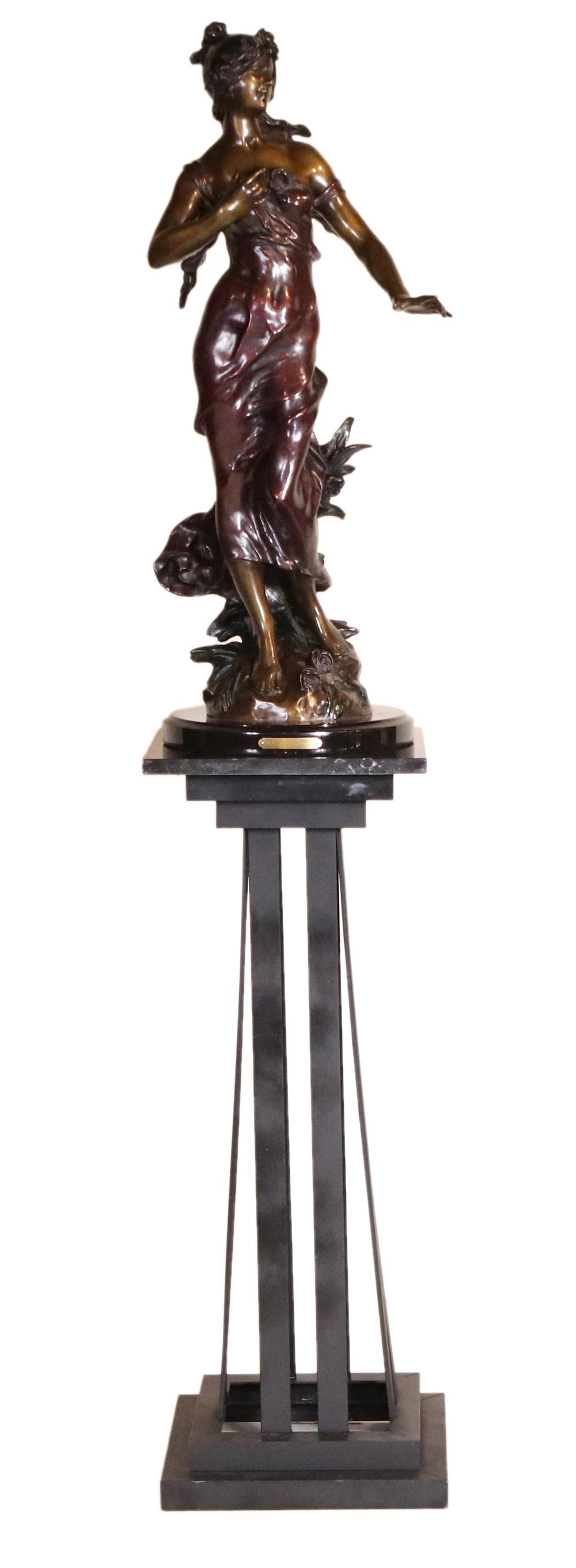 Auguste Moreau, Bronze, "Woman on the Breeze": Auguste Moreau, Bronze, "Woman on the Breeze," (French, 1834-1917). Copy of the original sculpture, together with a metal and stone top pedestal. Pedestal: 36-3/4"h x 13-1/2"w x 13-1/2"d