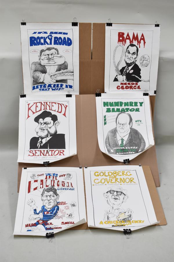 Group of Rick Meyerowitz Political Drawings: A Group of Six Rick Meyerowitz Political Drawings. All signed. Used condition, wear, worn. Minor creases and scuffs present. Six drawings. 25"h x 19 1/2"w Provenance: Property from the Collection of S