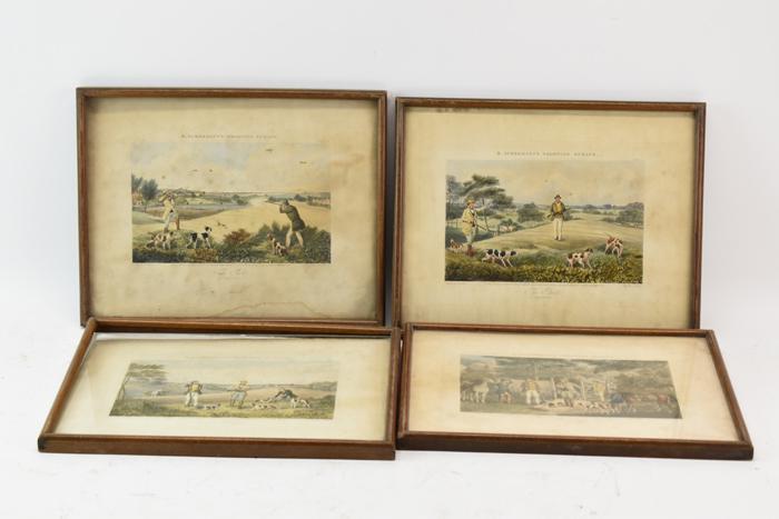 Group of Four Rudolph Ackermanns Shooting Scraps: Group of Four Hand Colored "Rudolph Ackermann's Shooting Scraps" Engravings, London 1850, including "Going Out", "Down Charge", "The Point", and "The Shot", each mounted in matching frames Used condit