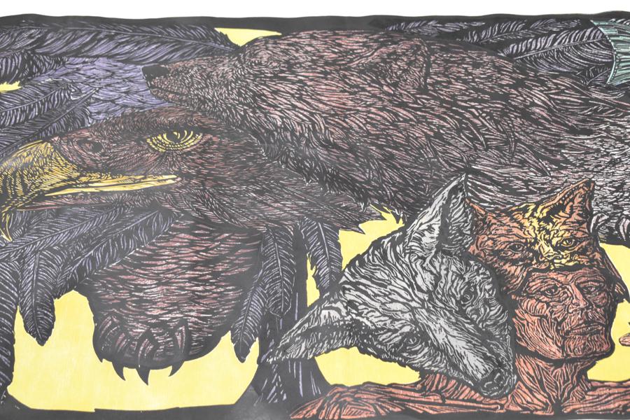 Leonard Baskin, Shawnee Vision Lithograph: Leonard Baskin, Shawnee Vision Lithograph together with self-portrait lithograph. Used condition, wear, worn. Largest: 82 1/2"h x 32"w. 2 pieces. Provenance: Property from the Collection of Steve and