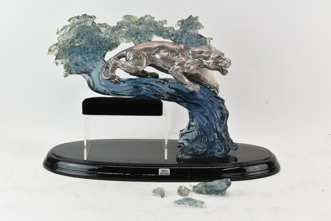 Modern Sculpture of a Panther on a Wave: Modern Sculpture of a Panther on a Wave Blue lucite and silvered metal panther. Losses and breaks. 12-1/2"h x 19"w x 8"d