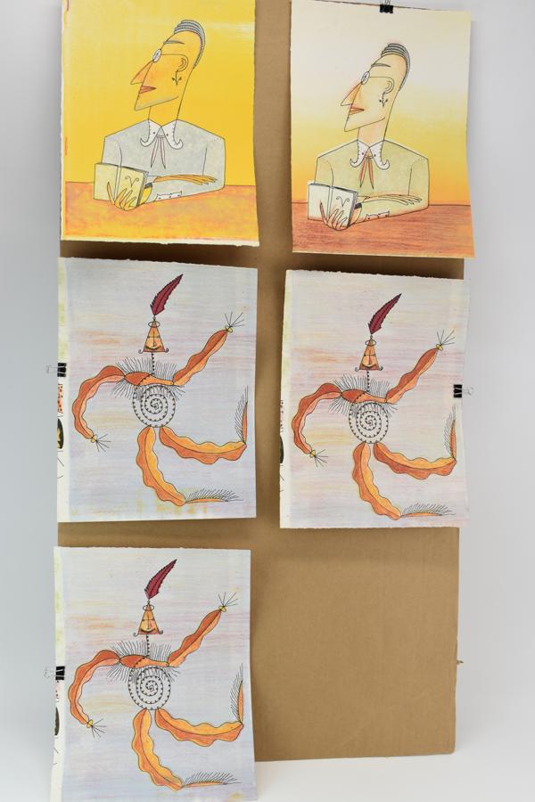 Five Contemporary Pastel and Pen Artworks: Five Contemporary Pastel and Pen Artworks. Unsigned possibly Saul Steinberg but appear to be by the same artist. 5 pieces. Each appx. 13-7/8"h x 10-1/4"w Provenance: From the Collection of Stephen and