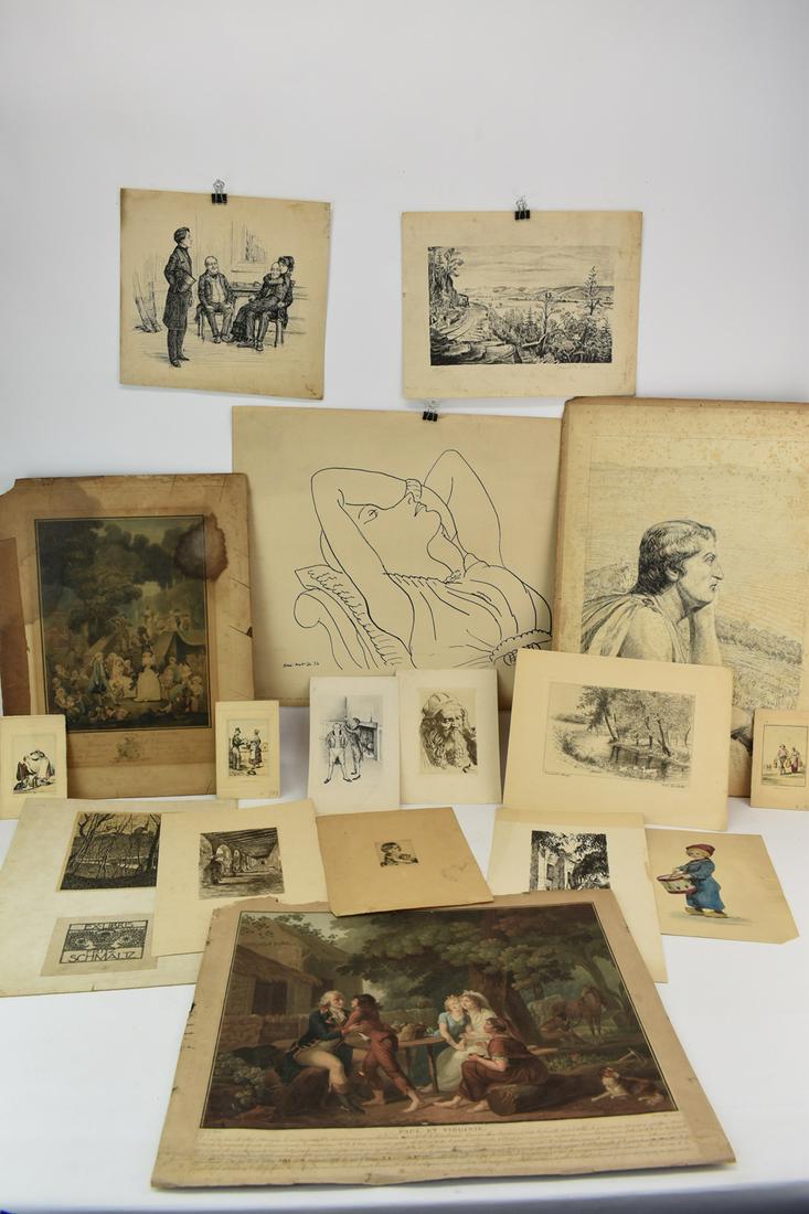 Group Assorted Signed Prints: Group Assorted Signed Prints comprising an illegibly signed small depiction of a young girl with her kitten, a Matisse line drawing print, German woodblock prints mounted on board, and others. Used co