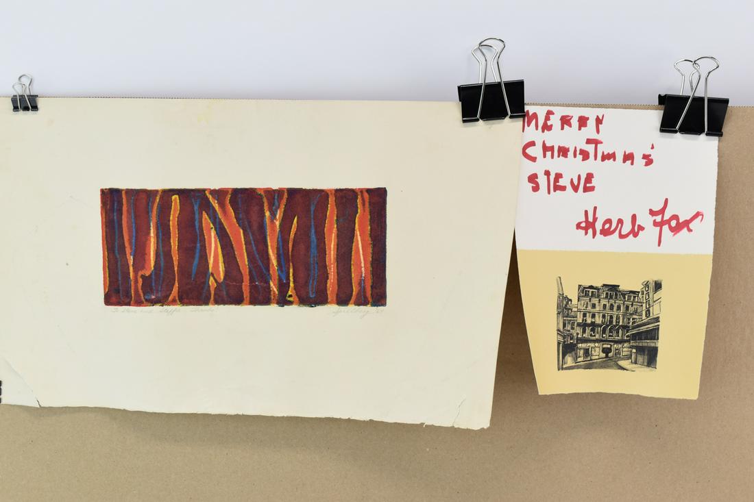 Signed Spielberg Woodblock Print: Signed Spielberg Woodblock Print together with signed Herb Fox Christmas card. Used condition, wear, worn. 10"h x 17"w, 2 pcs. Provenance: Property from the Collection of the Stephen and Stephanie Alp