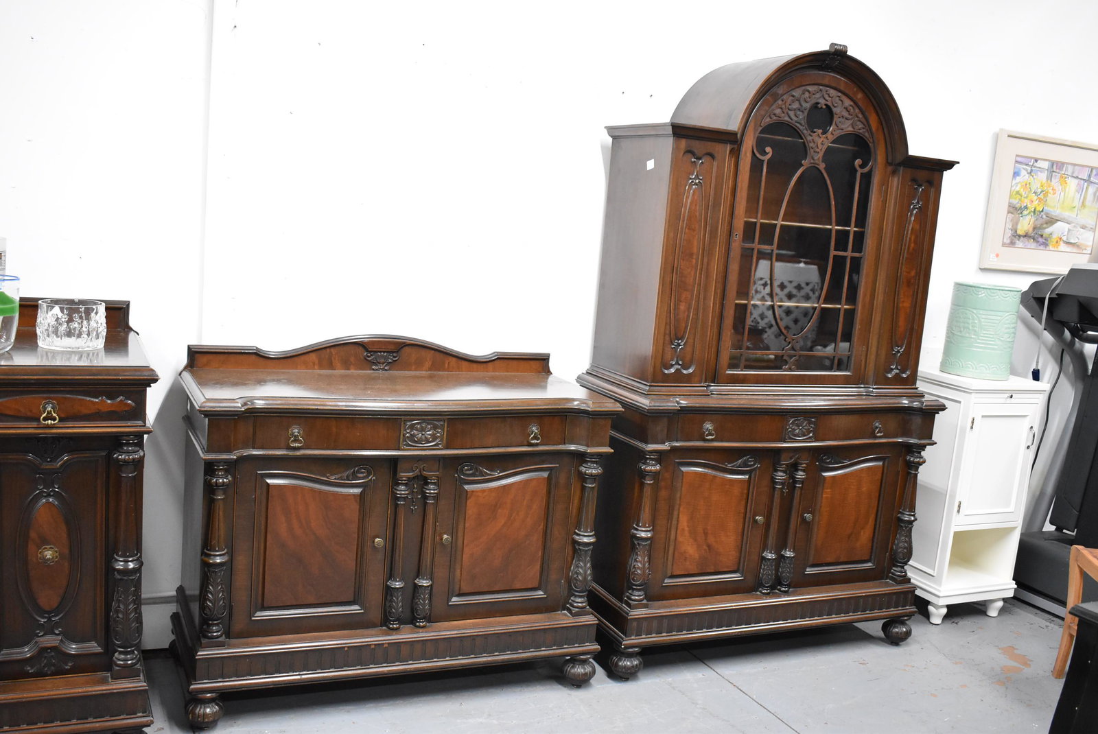 Jacobean Style Walnut China Closet: Jacobean Style Walnut China Closet, together with a matching server buffet. Used condition, wear, worn.
