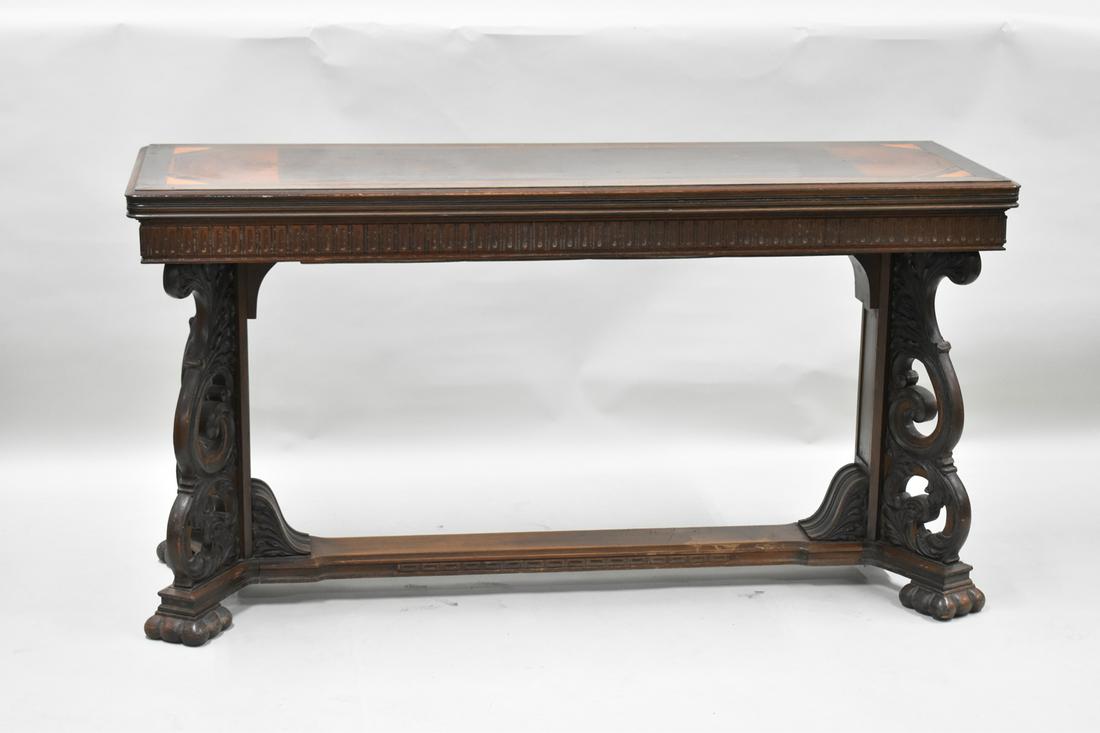 Gothic Revival Style Mahogany Console Table: Gothic Revival Style Flip Top Mahogany Console Table having mahogany top with inlaid design. Used condition, wear, worn, surface distress. Closed position measures 31" tall x 60" long x 20" wide