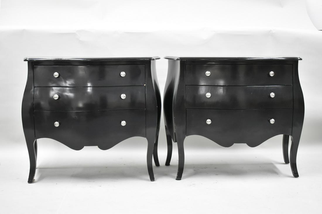 Pair Bombe Style Black Three Drawer Commodes: Pair Bombe Style Black Three Drawer Commodes Used condition, wear/worn, surface distress/light scratching, some chips and losses. 30"h x 35"w x 16 1/2"d