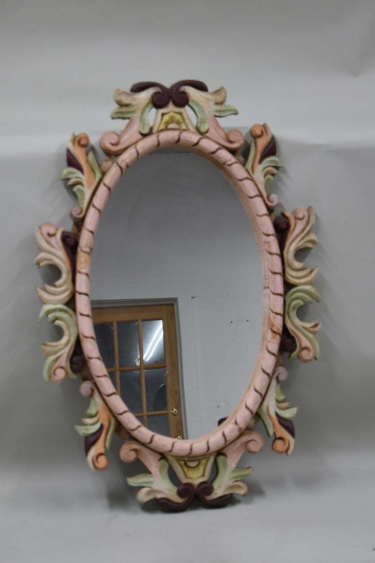 Modernistic Carved Oval Hanging Wall Mirror: Modernistic Carved Oval Hanging Wall Mirror. Used condition, wear, worn. 46 1/2" tall x 31 1/2" wide x 3 1/2" deep