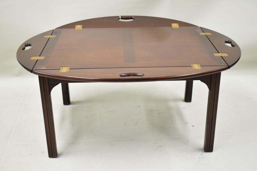 Vintage Mahogany Butler's Tray Table and Stand: Vintage Mahogany Butler's Tray Table and Stand. Used condition, 42 1/4" l x 33 1/2" wide x 18" tall