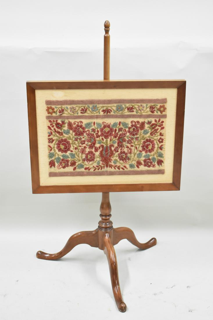 Vintage Cherrywood Fire Pole Screen: Vintage Cherrywood Fire Pole Screen having needlework panel. Used condition, some fading. 44" tall with a screen size of 25" x 19"