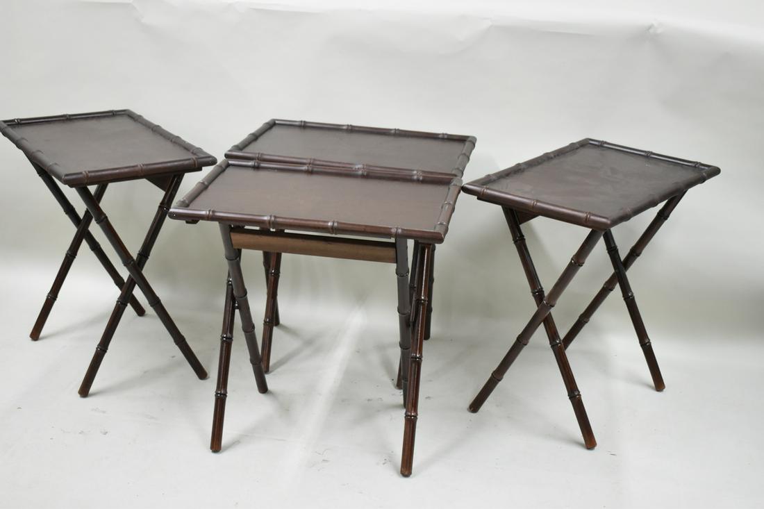 Four Faux Bamboo Dark Wood Stained Folding Tables: Four Faux Bamboo Dark Wood Stained Folding Tables all in used condition with some surface wear and scratching. Appx 25"h x 24" x 16"