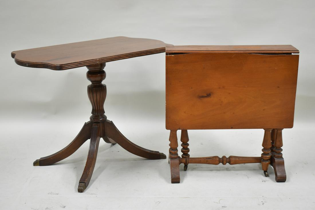 Two Small Antique Wood Side Tables: Two Small Antique Wood Side Tables, one with reeded legs and classical brass paw feet, the other a drop leaf and swing gatelegs on casters. Used condition with both examples having surface wear, stain