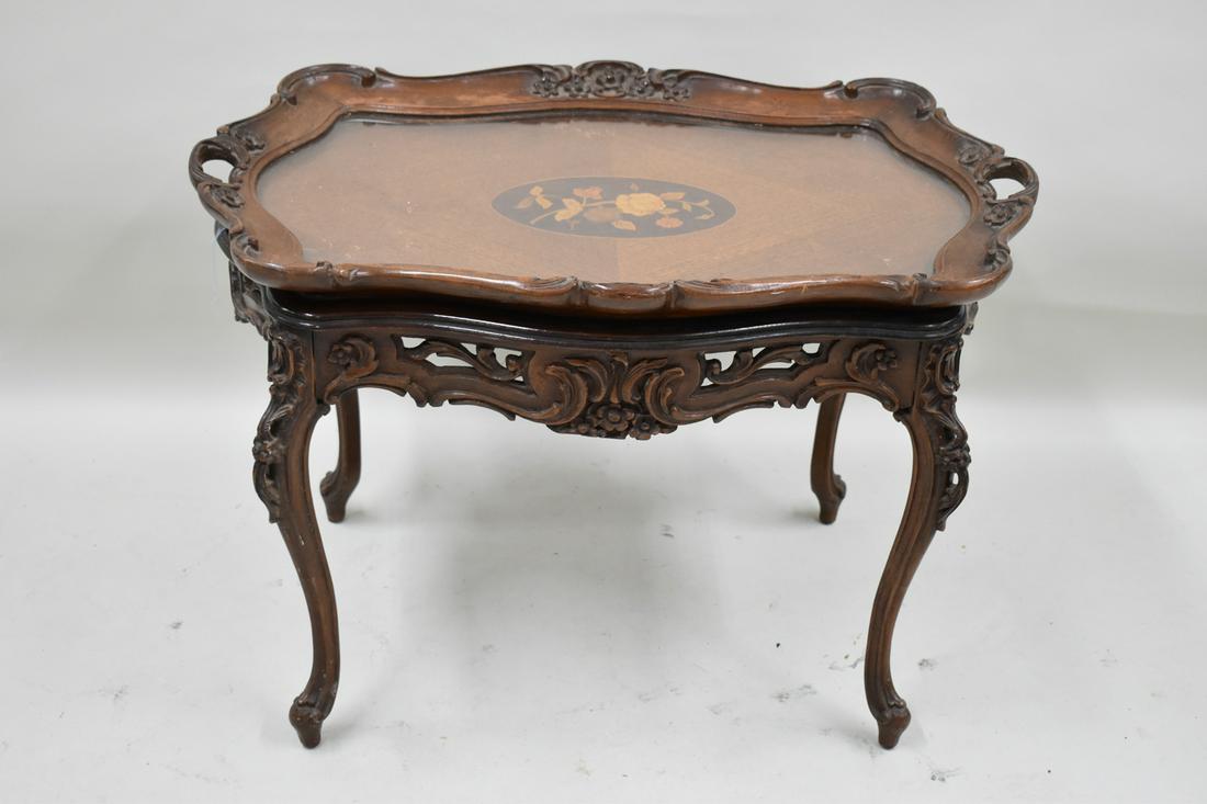 Glass Top Tray Inlaid & Carved Floral Side Table: Glass Top Tray Inlaid and Carved Floral Side Table, Rococo style, with removable glass inset handled tray. Used condition with surface wear and distress, scratches and scuffs. Appx: 20"h x 20-3/4"l x