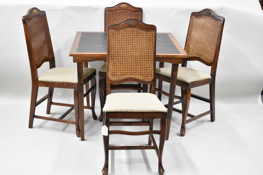 Vintage Wooden Games Table and Chairs: Vintage Folding Wooden Games Table Together with a set of 4 Matching Collapsible Side Chairs. Used condition, wear, worn. Table size open 28 3/4" tall x 34 1/4" x 34 1/4"