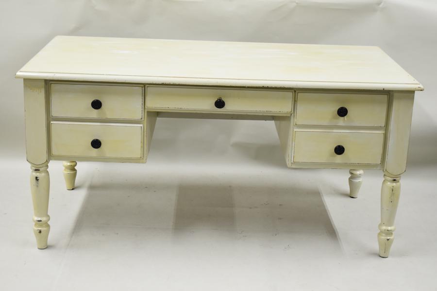 Pine White Painted Flat Top Writing Desk: Pine White Painted Flat Top Writing Desk. Used condition, wear/worn, surface distress, may be in need of repair. Appx: 62"l x 31-1/2"d x 30"h
