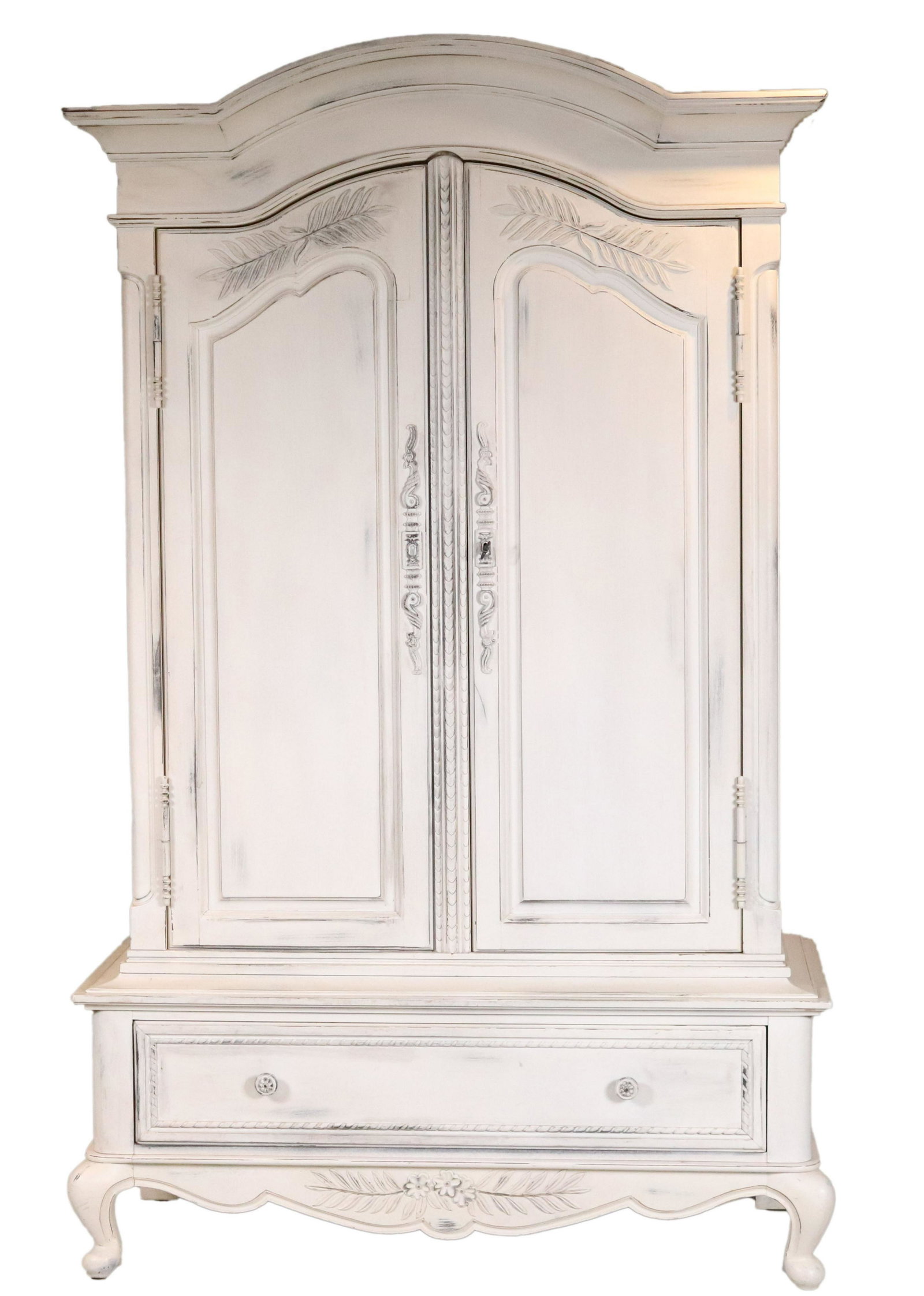 French Provincial Style White Painted Cabinet: French Provincial Style White Painted cabinet. In two parts, the top half with hole cut out back for electronics. Made by Ralph Lauren. 7'7"h x 4'8-1/2"w x 26"d