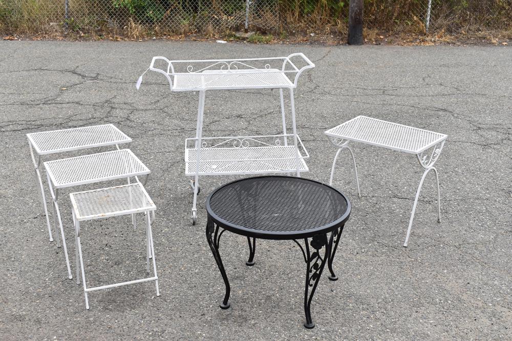Salterini Style Patio Bar Cart & Side Tables: Salterini Style Patio Bar Cart & Side Tables, six pieces altogether. Used condition with surface wear and losses. Cart appx: 33"h x 32-1/2"l x 16"w Round black side table appx: 17-1/2"h x 23"dia Other