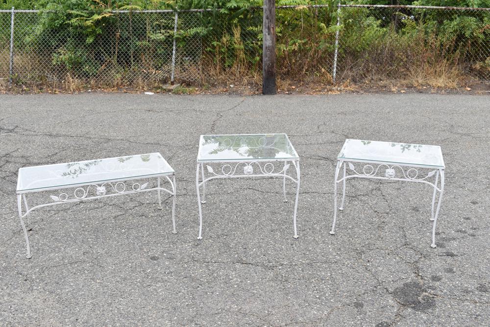Three Salterini Style Glass Top Tables: Three Salterini Style Glass Top Tables comprising two side tables and one coffee table. Used condition, surface wear and losses, and some small corner chips to glass. Coffee table appx: 16-3/4"h x 36"