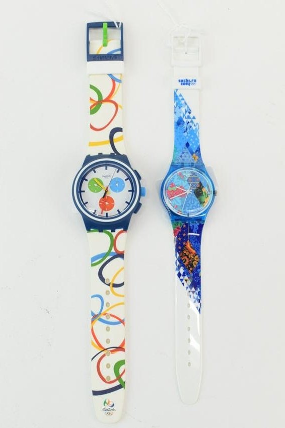 Two Olympic Themed Swatch Watches (Unworn): Two Olympic Themed Swatch Watches including the Rio 2016 All Around Chronograph (Model SUSN100), and the Sochi Olympic Games 2014 34.03 watch (Model GN236); both in unworn condition, unknown working c