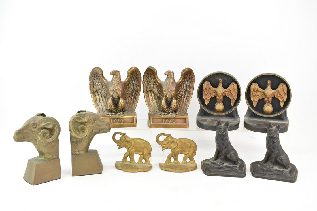 Large Group Animal Bookends: Large Group Animal Bookends comprising five pairs. Two feature eagles, one German Shepherd dogs, a pair of elephants, and a pair of rams. All are in used condition with various degrees of surface wear