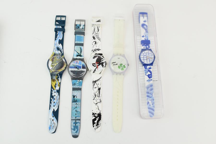Group of Asian Themed Swatch Watches: Group of Three Asian Themed Swatch Watches, together with two additional Swatch Watches (5 watches total), including: Chinese New Year - Year of the Dragon, 2012 (GZ268), Chinese New Year - Year of th