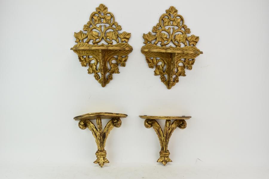 Vintage Pair of Italian Giltwood Wall Brackets: Vintage Pair of Italian Giltwood Wall Brackets. Together with a pair of Gilt painted Aluminum wall brackets. Used condition, some wear. Giltwood measures 7 1/4" tall x 8" wide x 4 1/4" deep
