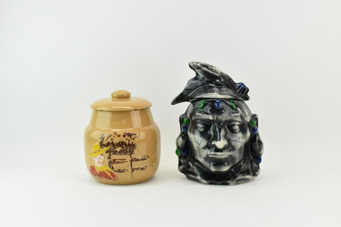 Two Vintage Cookie Jars McCoy Indian & Cowboy: Two Vintage Cookie Jars McCoy Indian & Cowboy Both in used condition with losses. Indian example is marked McCoy and is appx 10-3/8"h x 7"w Cowboy is unmarked and appx 8-1/2"h x 6-1/2"w