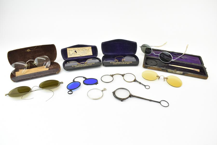 Seven Assorted Vintage Eyeglasses: Seven Assorted Vintage Eye Glasses. Together with 2 lorgnette and a Ophthalmologist measure. Used condition, wear, worn.